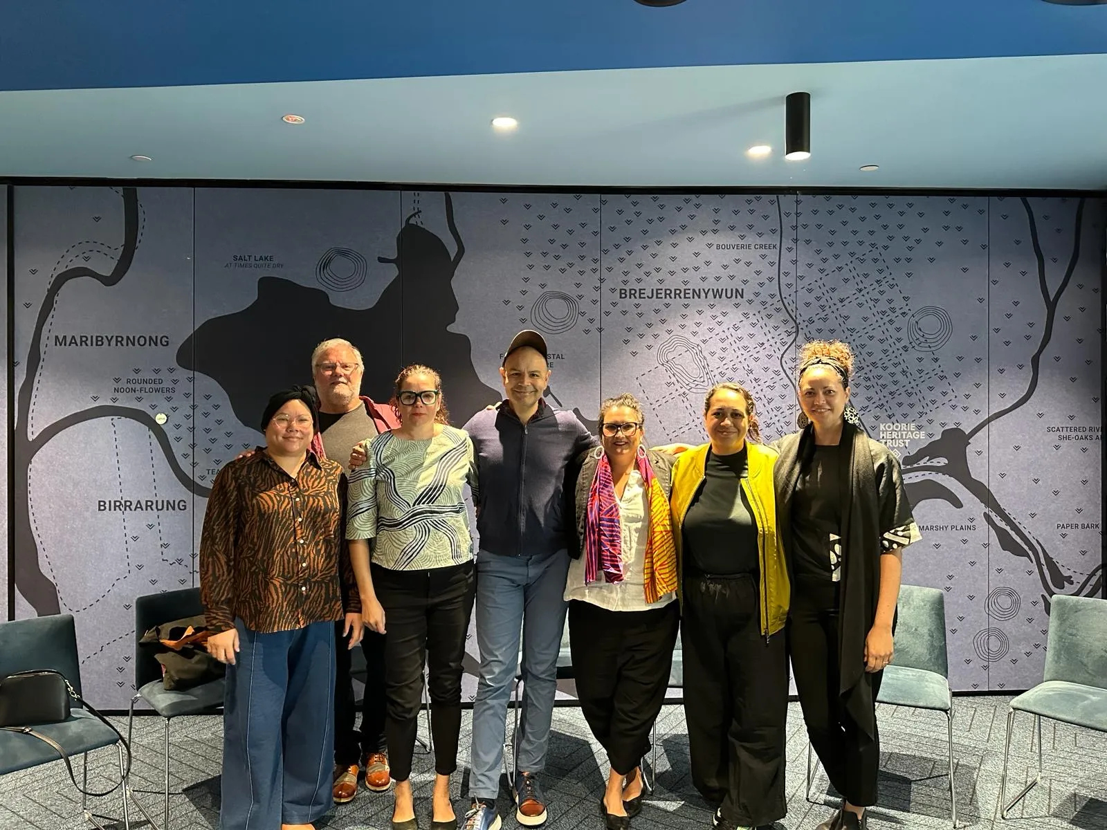 Group of seven people in front of a Country map mural at the Koorie Heritage Trust